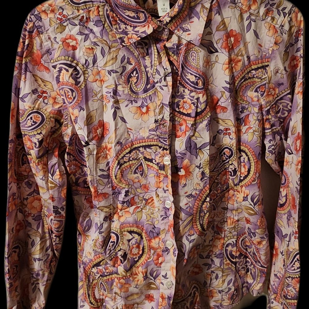 Talbots Long Sleeve Blouse Pink Purple Floral Button Stretch M